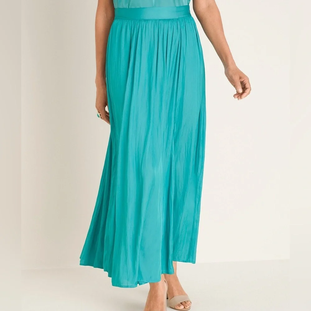 Chico’s NWT Dark Aqua‎ Solid Satin Stretch Waist Flowy Maxi Skirt Size 6
